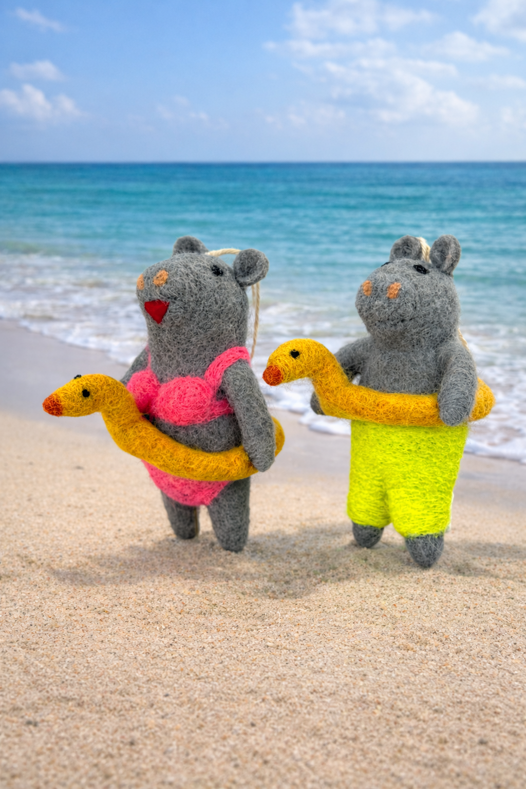 Mr & Mrs Hippo Beach Couple Felt Ornaments