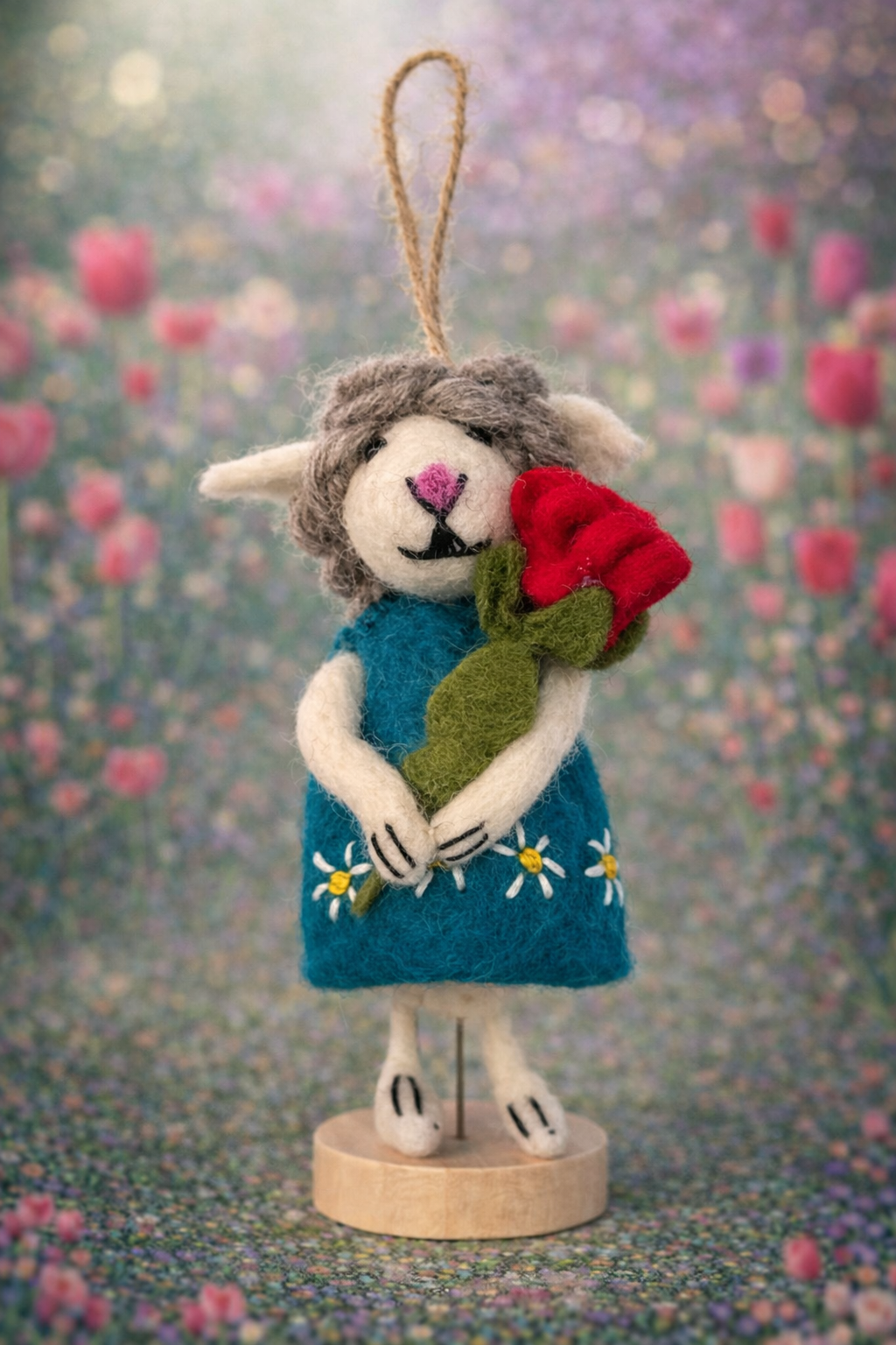 Sheep with Tulips Felt Hanging Ornament
