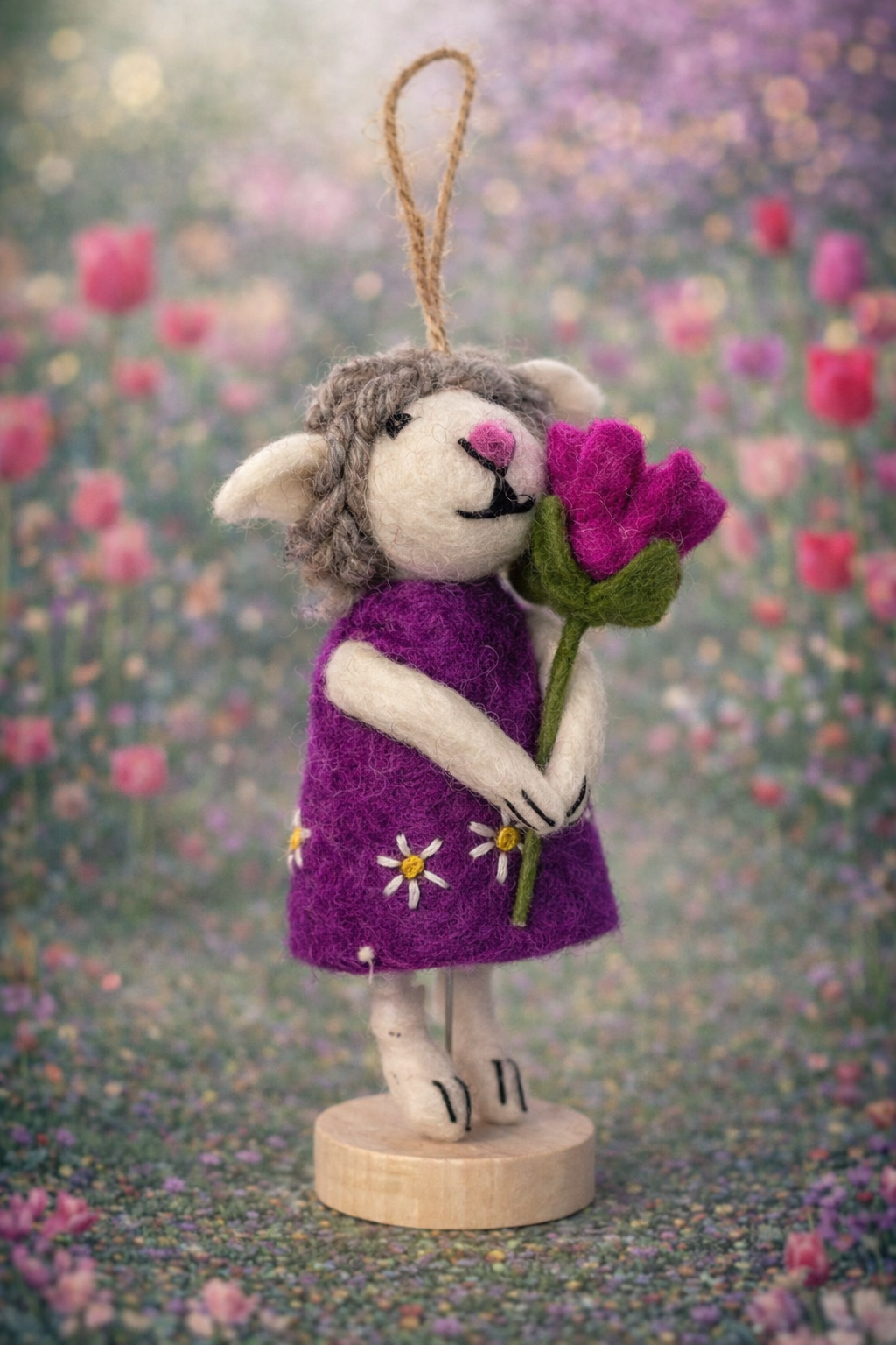 Sheep with Tulips Felt Hanging Ornament