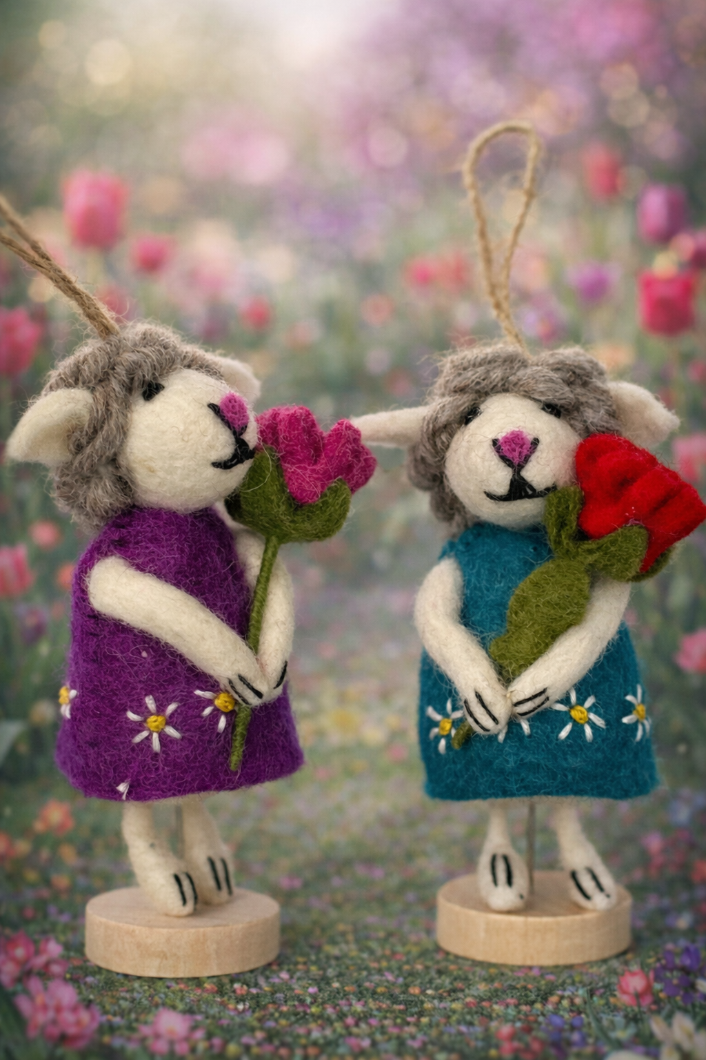 Sheep with Tulips Felt Hanging Ornament