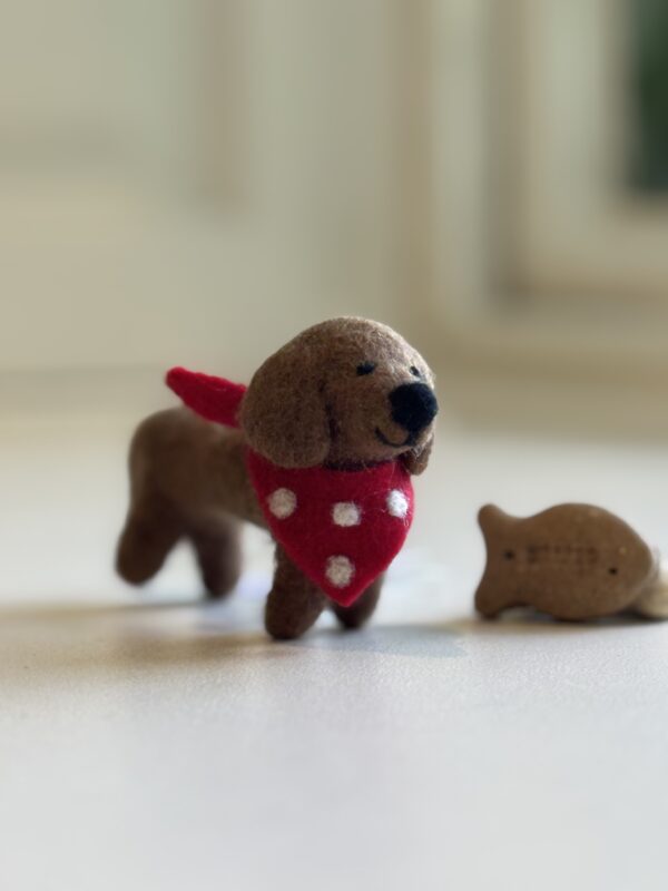 Fair-Trade Handmade Felt Sausage Dog Ornament with Red Bandana - Image 3