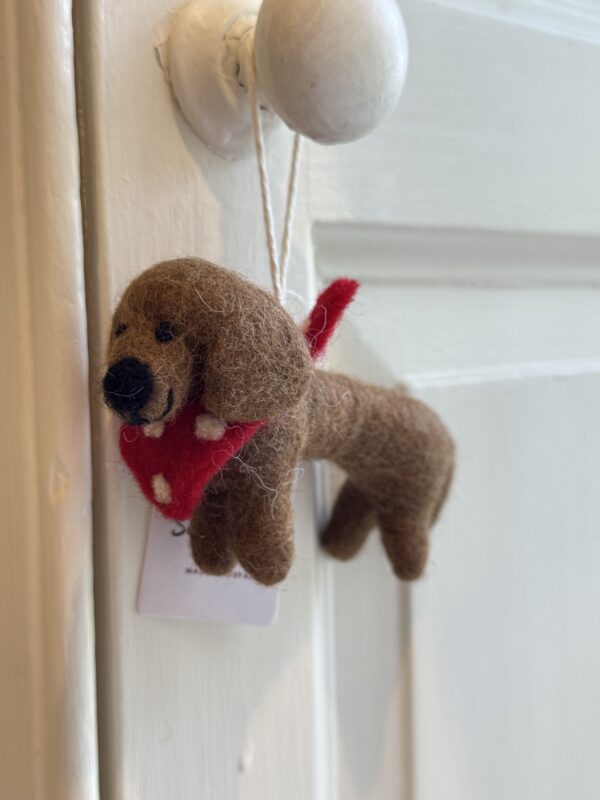 Fair-Trade Handmade Felt Sausage Dog Ornament with Red Bandana - Image 6