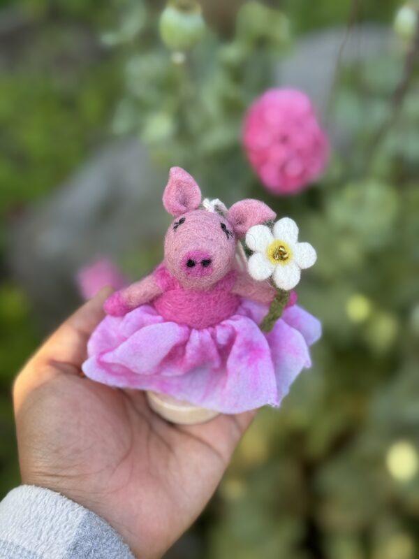 Fair-Trade Handmade Felt Pig Ornament - “Lali” the Ballerina with Daisy Flower - Ethically Made in Nepal - Image 6