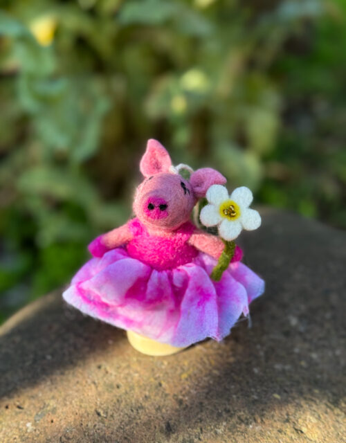Fair-Trade Handmade Felt Pig Ornament - “Lali” the Ballerina with Daisy Flower - Ethically Made in Nepal