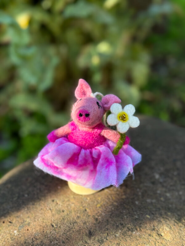 Fair-Trade Handmade Felt Pig Ornament - “Lali” the Ballerina with Daisy Flower - Ethically Made in Nepal