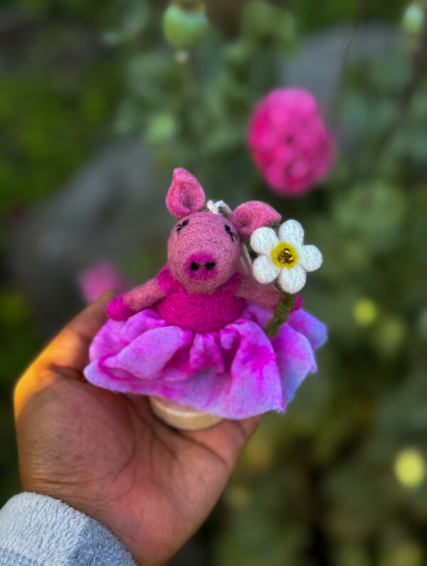 Fair-Trade Handmade Felt Pig Ornament - “Lali” the Ballerina with Daisy Flower - Ethically Made in Nepal - Image 2