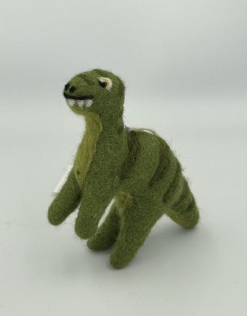 Fair-Trade Handmade Felt Dinosaur – “Chompy” the Green Wool Dino Ornament – Ethical Gift for Kids or Dino Fans
