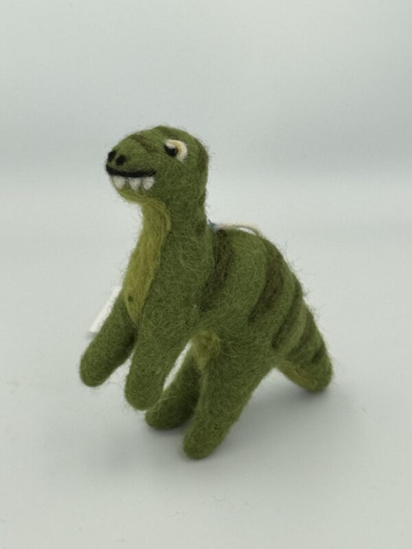 Fair-Trade Handmade Felt Dinosaur – “Chompy” the Green Wool Dino Ornament – Ethical Gift for Kids or Dino Fans