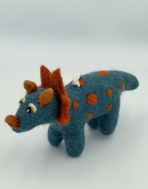 Fair-Trade Handmade Felt Dinosaur – “Spike” the Blue Wool Triceratops – Ethical Toy or Ornament