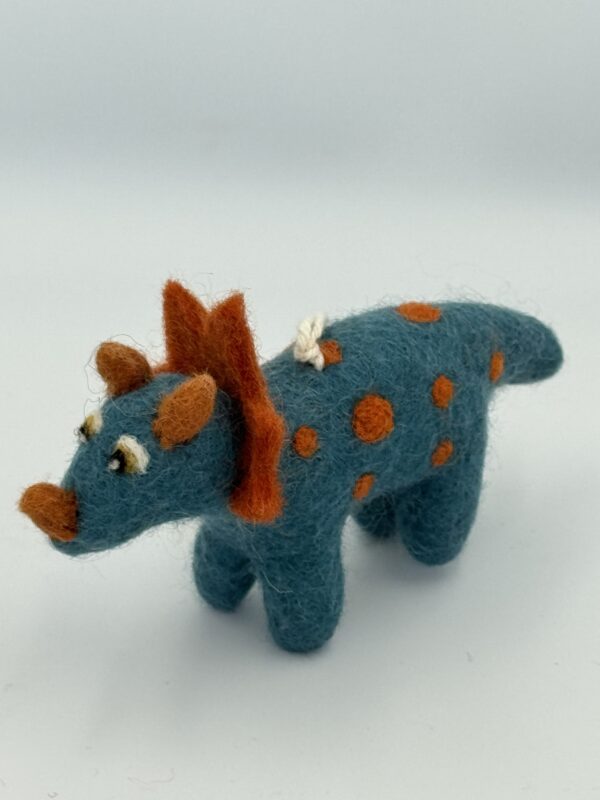 Fair-Trade Handmade Felt Dinosaur – “Spike” the Blue Wool Triceratops – Ethical Toy or Ornament