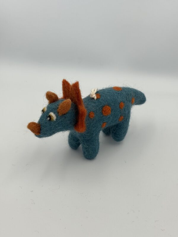 Fair-Trade Handmade Felt Dinosaur – “Spike” the Blue Wool Triceratops – Ethical Toy or Ornament - Image 3