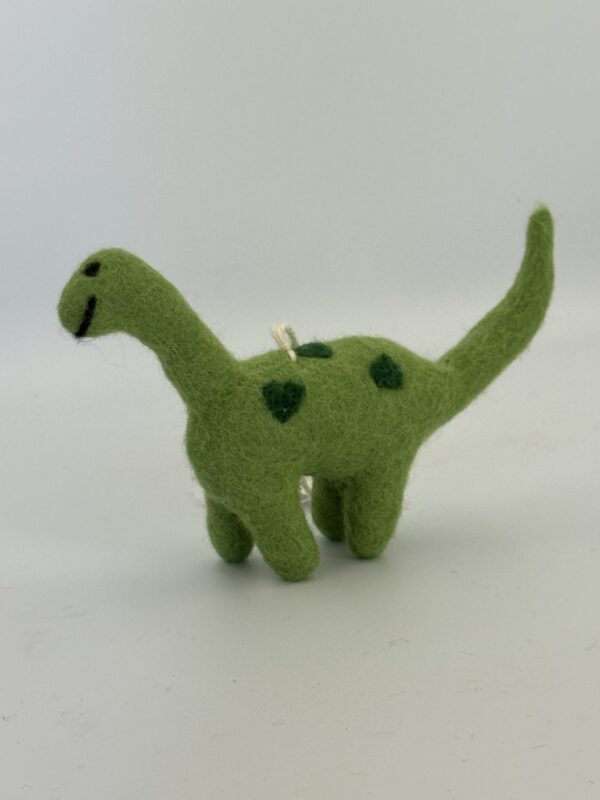 Fair-Trade Handmade Felt Dinosaur – “Leafy” the Green Long-Neck Dino – Ethical Wool Ornament or Toy