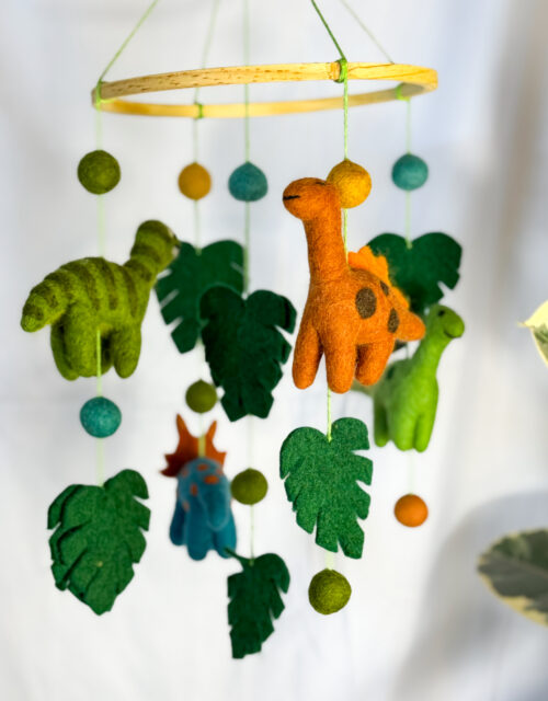 Fair-Trade Handmade Felt Dinosaur Mobile – Colorful Dino Nursery Decor – Ethical Gift for Baby or Dinosaur Lovers