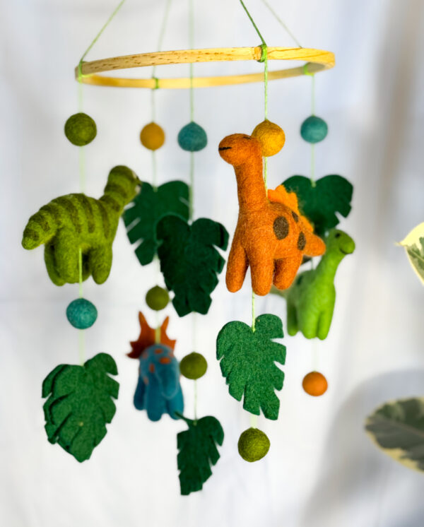 Fair-Trade Handmade Felt Dinosaur Mobile – Colorful Dino Nursery Decor – Ethical Gift for Baby or Dinosaur Lovers
