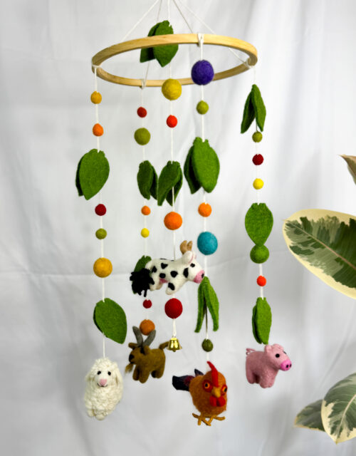 Fair-Trade Handmade Felt Farm Animal Mobile – Colourful Baby Nursery Decor – Ethical Gift for Newborn or Animal Lovers