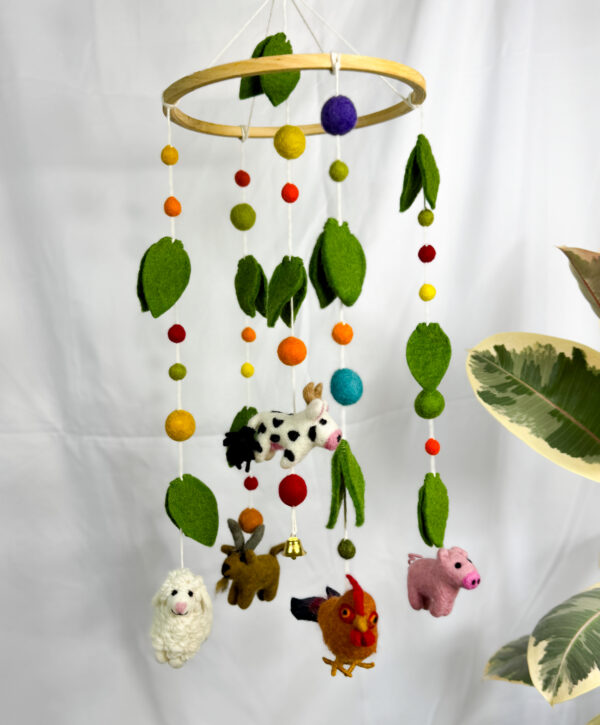 Fair-Trade Handmade Felt Farm Animal Mobile – Colourful Baby Nursery Decor – Ethical Gift for Newborn or Animal Lovers