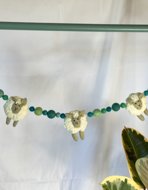Fair-Trade Handmade Felt Sheep Garland – Sheep Decor with Blue Wool Balls – Ethical Nursery Garland