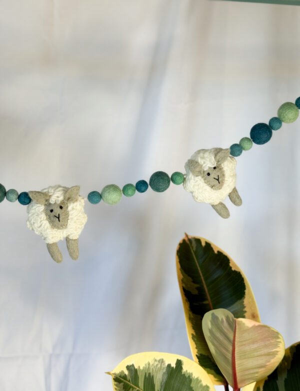 Fair-Trade Handmade Felt Sheep Garland – Sheep Decor with Blue Wool Balls – Ethical Nursery Garland - Image 3