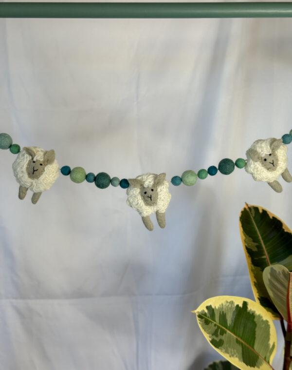 Fair-Trade Handmade Felt Sheep Garland – Sheep Decor with Blue Wool Balls – Ethical Nursery Garland - Image 4