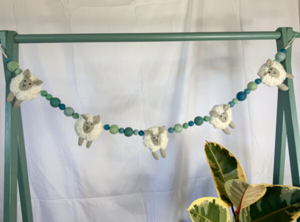Fair-Trade Handmade Felt Sheep Garland – Sheep Decor with Blue Wool Balls – Ethical Nursery Garland - Image 5