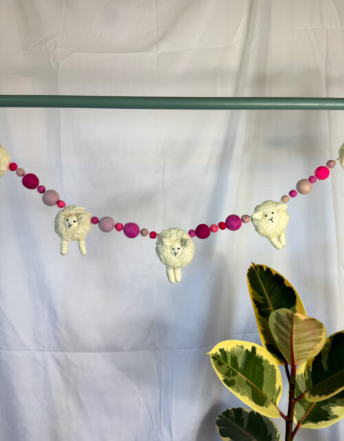 Fair-Trade Handmade Felt Sheep Garland – Sheep Decor with Pink Wool Balls – Ethical Nursery Garland
