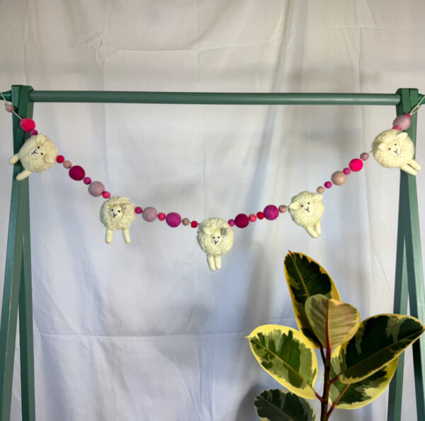 Fair-Trade Handmade Felt Sheep Garland – Sheep Decor with Pink Wool Balls – Ethical Nursery Garland