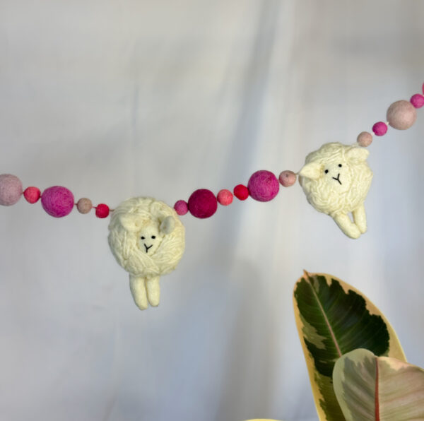 Fair-Trade Handmade Felt Sheep Garland – Sheep Decor with Pink Wool Balls – Ethical Nursery Garland - Image 3