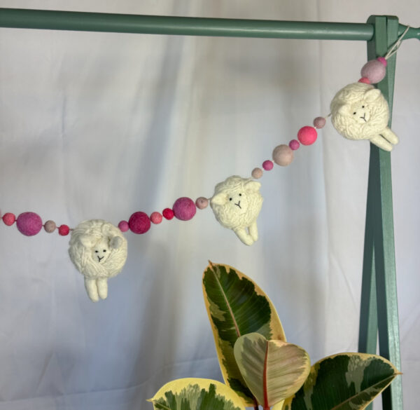 Fair-Trade Handmade Felt Sheep Garland – Sheep Decor with Pink Wool Balls – Ethical Nursery Garland - Image 5