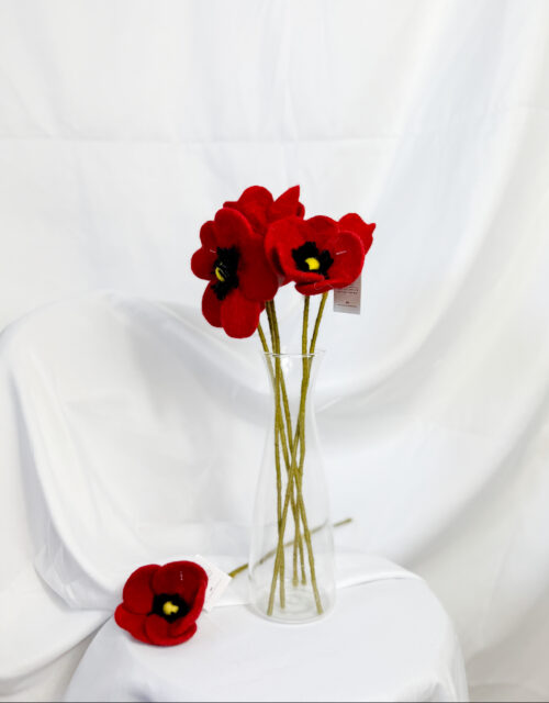Fair-Trade Handmade Felt Red Poppy Stem – Handmade Wool Flower – Remembrance or Keepsake Gift