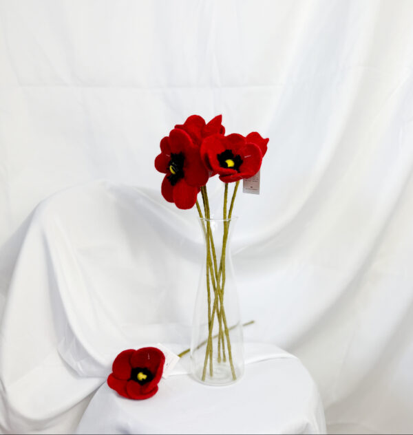 Fair-Trade Handmade Felt Red Poppy Stem – Handmade Wool Flower – Remembrance or Keepsake Gift