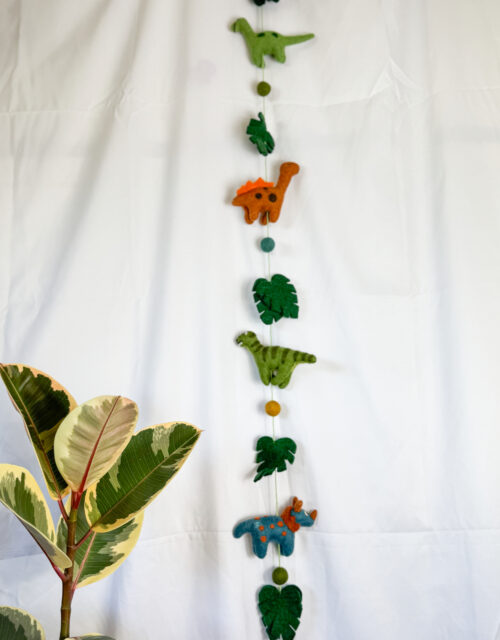 Fair-Trade Handmade Felt Dinosaur Hanger – Colorful Wool Dino Decor – Ethical Nursery or Playroom Wall Hanging